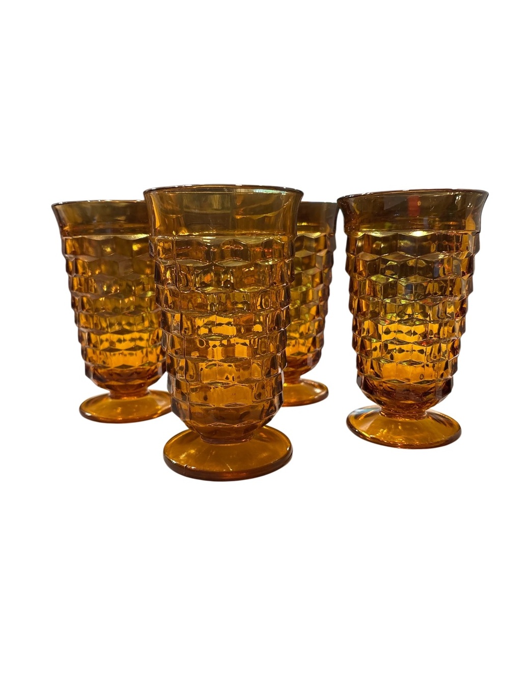 Vintage Indiana Glass Whitehall Cubist Amber Footed Tumblers Set of 4